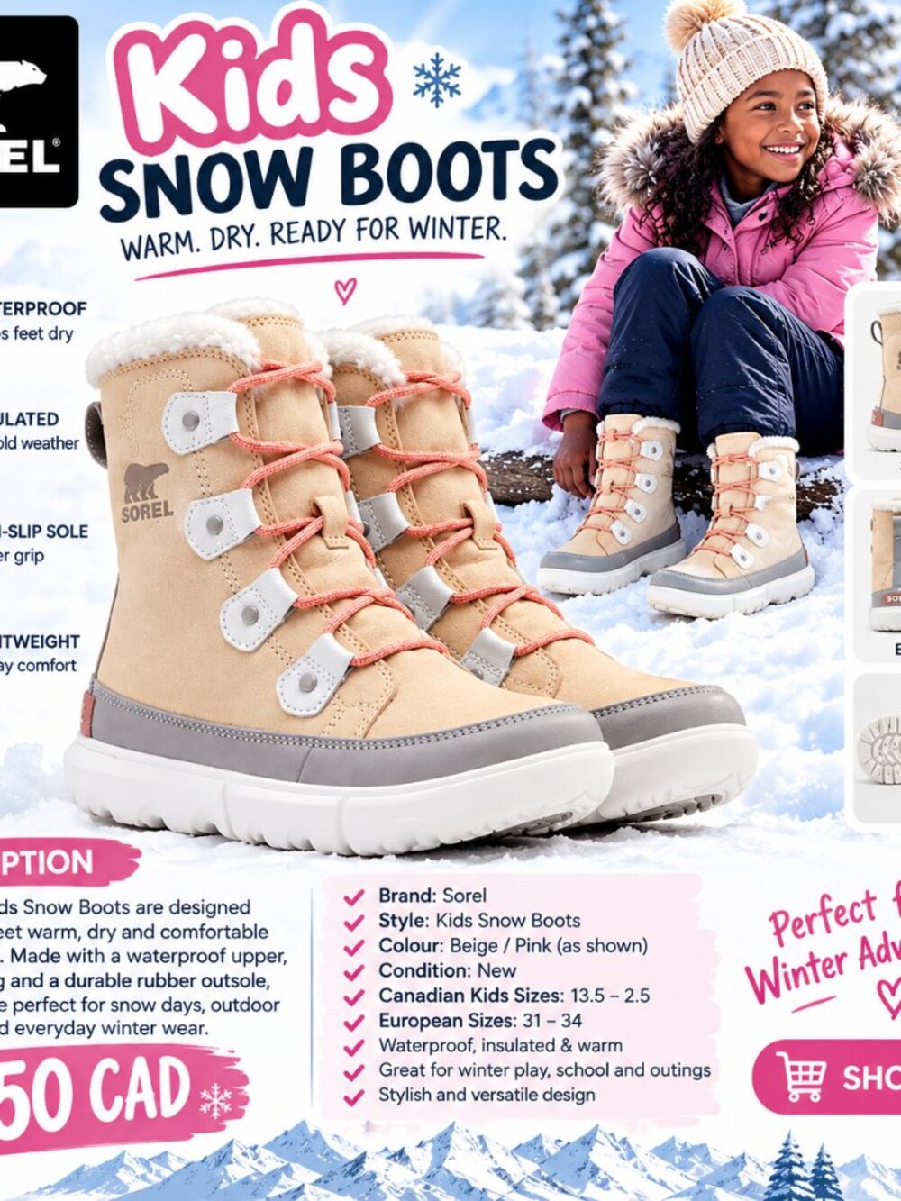SOREL Leather Ankle Boots Waterproof Beige
